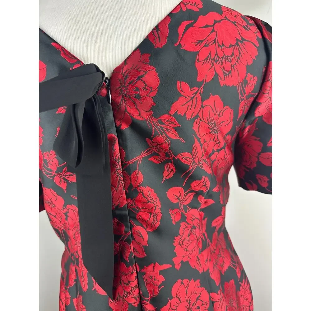 NWT Talbots Back Bow Floral Jacquard A-Line Dress Red Black Lined Zip Size 14 - Picture 10 of 16
